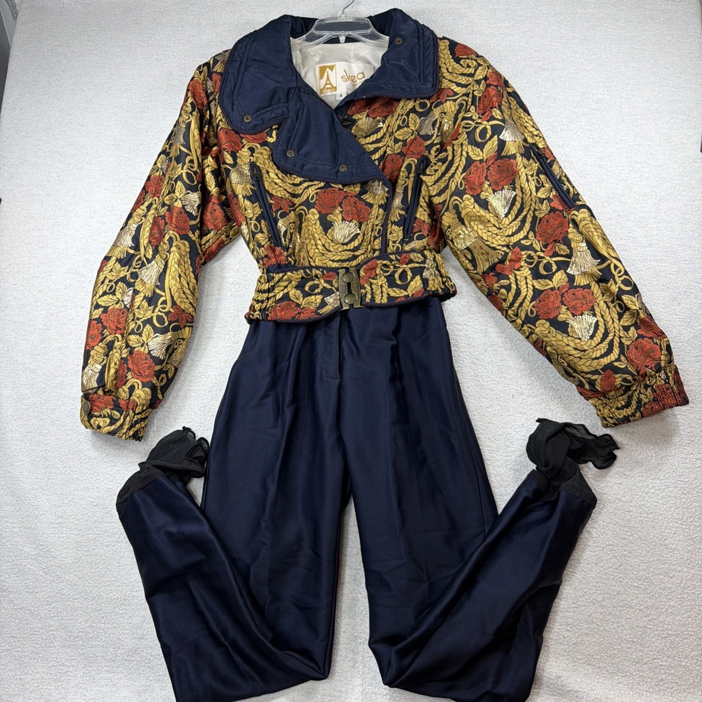 VTG SKEA Paris Vail One Piece Ski Suit 8 Tapestry Baroque Gold Blue Apres Ski